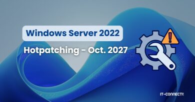 Banner announcing Windows Server 2022 hotpatching for Oct. 2027, with a gear icon and warning triangle on a blue background.