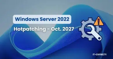 Banner announcing Windows Server 2022 hotpatching for Oct. 2027, with a gear icon and warning triangle on a blue background.