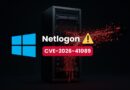 Server rack with a red Netlogon CVE-2026-41089 warning banner and Windows logo on dark background.