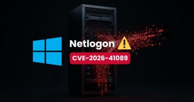 Server rack with a red Netlogon CVE-2026-41089 warning banner and Windows logo on dark background.