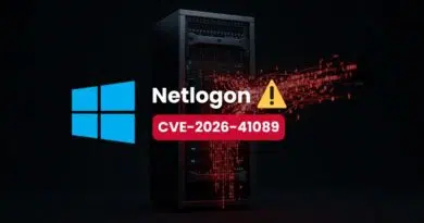 Server rack with a red Netlogon CVE-2026-41089 warning banner and Windows logo on dark background.