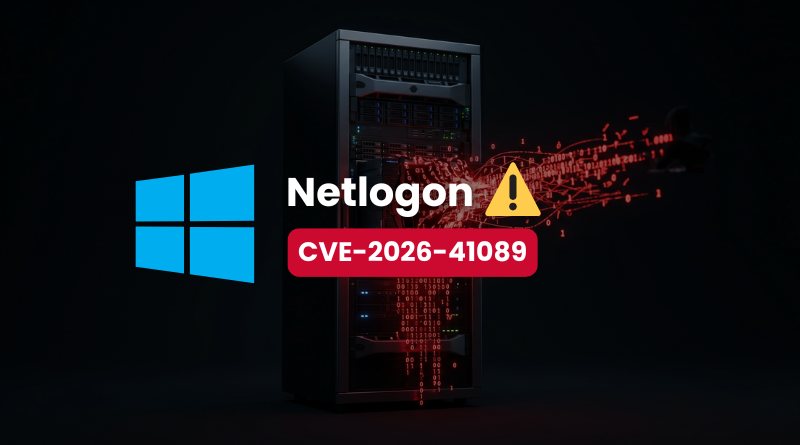 Server rack with a red Netlogon CVE-2026-41089 warning banner and Windows logo on dark background.