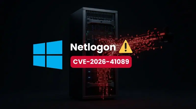 Server rack with a red Netlogon CVE-2026-41089 warning banner and Windows logo on dark background.