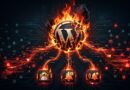 Fiery WordPress logo orb connected to three glowing icons on a circuit board, symbolizing WordPress cyber integration or security themes