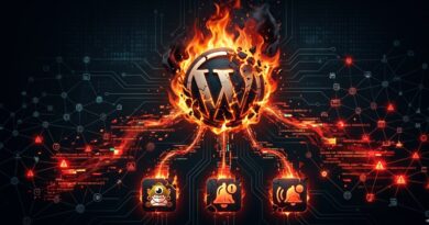 Fiery WordPress logo orb connected to three glowing icons on a circuit board, symbolizing WordPress cyber integration or security themes