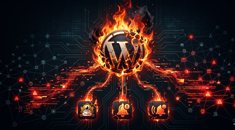 Fiery WordPress logo orb connected to three glowing icons on a circuit board, symbolizing WordPress cyber integration or security themes