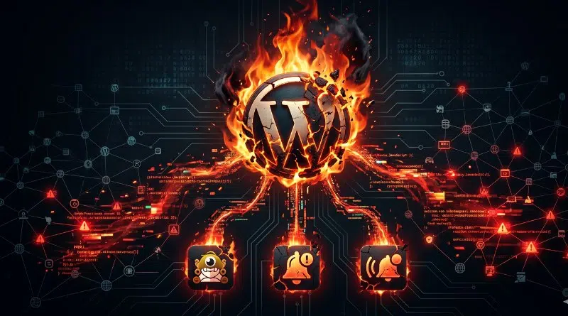 Fiery WordPress logo orb connected to three glowing icons on a circuit board, symbolizing WordPress cyber integration or security themes
