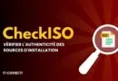 Graphic promoting CheckISO: verify the authenticity of installation sources, with a magnifying glass over a document labeled ISO on a red burst background.