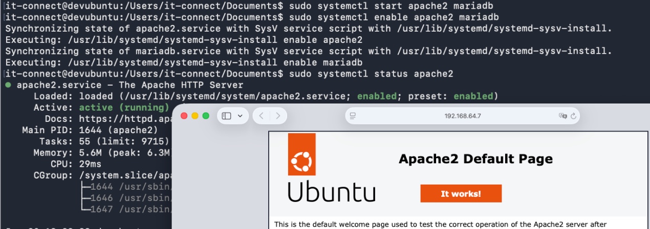 Terminal output shows commands to start and check Apache2, paired with a browser preview of the Ubuntu Apache2 default page showing 'It works!'