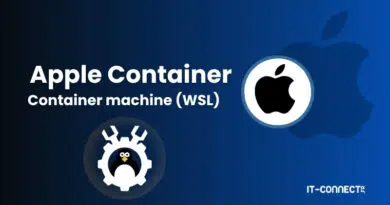 Blue gradient banner with 'Apple Container' and 'Container machine (WSL)' text, featuring Apple logo and a penguin inside a gear icon.
