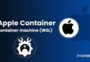 Apple Container—Container machine (WSL) announcement with Apple logo and gear icon on a blue gradient background.