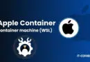Apple Container—Container machine (WSL) announcement with Apple logo and gear icon on a blue gradient background.