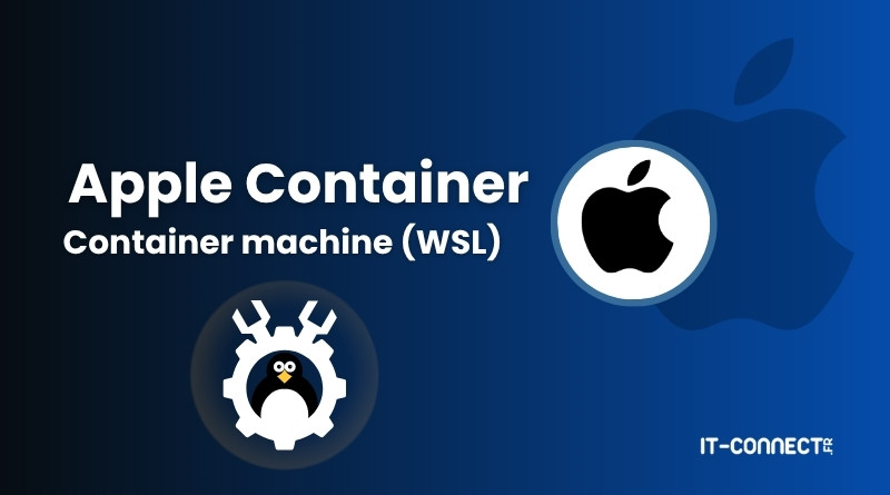 Apple Container—Container machine (WSL) announcement with Apple logo and gear icon on a blue gradient background.