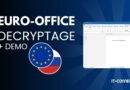 Banner text: 'EURO-OFFICE DECRYPTAGE + DEMO' with a circular EU flag overlaid on a French flag, and a word processor screenshot on the right.