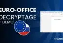 Banner text: 'EURO-OFFICE DECRYPTAGE + DEMO' with a circular EU flag overlaid on a French flag, and a word processor screenshot on the right.
