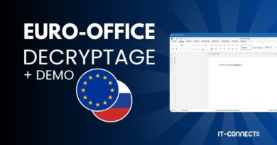 Banner text: 'EURO-OFFICE DECRYPTAGE + DEMO' with a circular EU flag overlaid on a French flag, and a word processor screenshot on the right.
