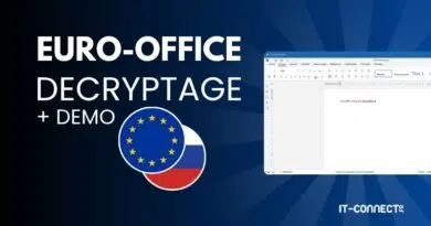Banner text: 'EURO-OFFICE DECRYPTAGE + DEMO' with a circular EU flag overlaid on a French flag, and a word processor screenshot on the right.