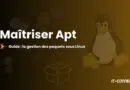 Cover image for a guide on Linux package management with Apt, featuring Tux the penguin and a package box on a brown gradient background.