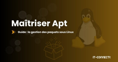 Cover image for a guide on Linux package management with Apt, featuring Tux the penguin and a package box on a brown gradient background.