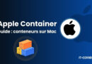 Cover image for 'Apple Container Guide : conteners sur Mac' with an Apple logo inside a circle and a stack of orange and blue shipping containers on a blue gradient background.