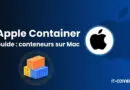 Cover image for 'Apple Container Guide : conteners sur Mac' with an Apple logo inside a circle and a stack of orange and blue shipping containers on a blue gradient background.