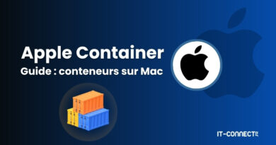 Cover image for 'Apple Container Guide : conteners sur Mac' with an Apple logo inside a circle and a stack of orange and blue shipping containers on a blue gradient background.