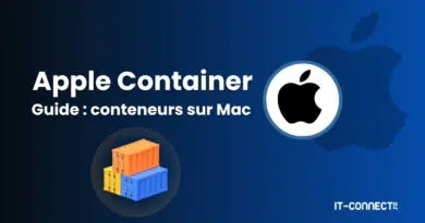 Cover image for 'Apple Container Guide : conteners sur Mac' with an Apple logo inside a circle and a stack of orange and blue shipping containers on a blue gradient background.