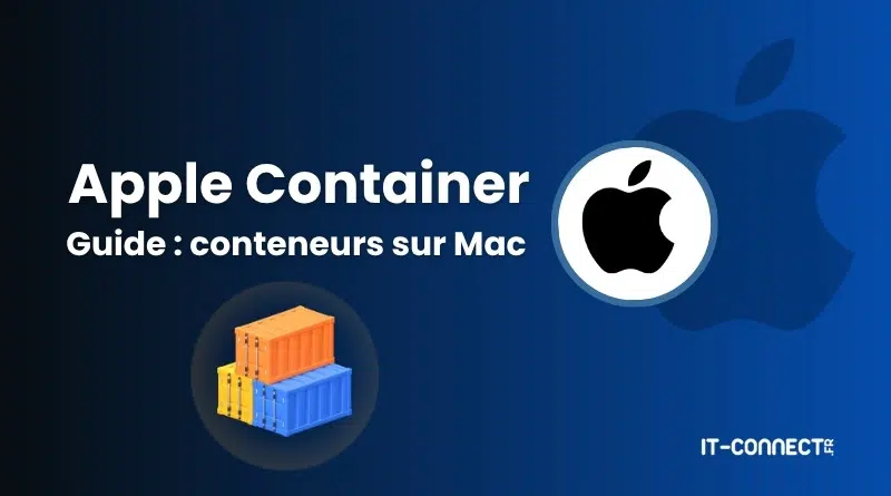 Cover image for 'Apple Container Guide : conteners sur Mac' with an Apple logo inside a circle and a stack of orange and blue shipping containers on a blue gradient background.