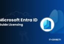 Microsoft Entra ID Guide Licensing cover with logo on a blue gradient background and faint cloud and key illustrations.