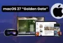 Promotional image for macOS 27 'Golden Gate' showing Apple devices (MacBook, iPad, iPhone, watch, headset) with Apple logo and Golden Gate Bridge backdrop.
