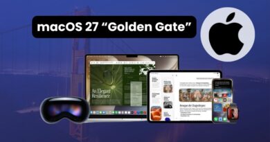 Promotional image for macOS 27 'Golden Gate' showing Apple devices (MacBook, iPad, iPhone, watch, headset) with Apple logo and Golden Gate Bridge backdrop.