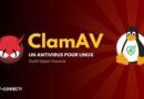 Banner for ClamAV: red demon logo on the left, bold yellow 'ClamAV' text, and a Linux penguin on the right on a red radial background
