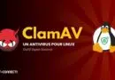 Banner for ClamAV: red demon logo on the left, bold yellow 'ClamAV' text, and a Linux penguin on the right on a red radial background