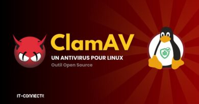Banner for ClamAV: red demon logo on the left, bold yellow 'ClamAV' text, and a Linux penguin on the right on a red radial background