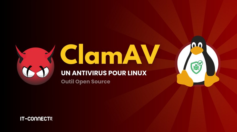 Banner for ClamAV: red demon logo on the left, bold yellow 'ClamAV' text, and a Linux penguin on the right on a red radial background