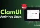 ClamUI Antivirus Linux branding with large green text, a red demon icon, and a floating UI window on a dark green gradient background.
