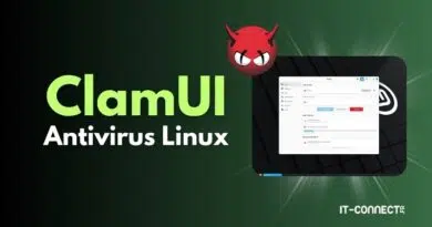 ClamUI Antivirus Linux branding with large green text, a red demon icon, and a floating UI window on a dark green gradient background.
