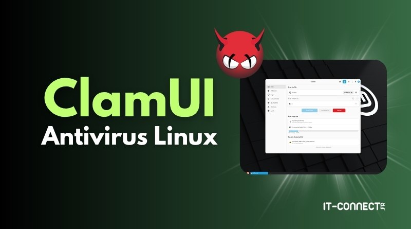 ClamUI Antivirus Linux branding with large green text, a red demon icon, and a floating UI window on a dark green gradient background.