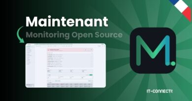 Banner advertising Maintenant Monitoring Open Source with a large M logo and a UI screenshot on a green radial background.
