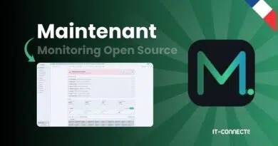 Banner advertising Maintenant Monitoring Open Source with a large M logo and a UI screenshot on a green radial background.