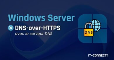 Banner promoting Windows Server DNS-over-HTTPS with a lock-and-globe icon on a blue gradient background; IT-Connect branding