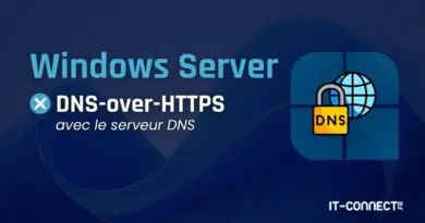 Banner promoting Windows Server DNS-over-HTTPS with a lock-and-globe icon on a blue gradient background; IT-Connect branding