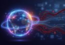 Global digital network with glowing rings around the Earth and red data streams suggesting cyber threats entering from the right side.