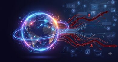 Global digital network with glowing rings around the Earth and red data streams suggesting cyber threats entering from the right side.