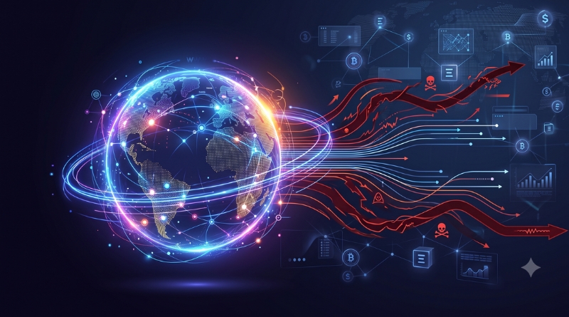 Global digital network with glowing rings around the Earth and red data streams suggesting cyber threats entering from the right side.