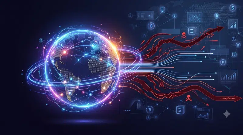 Global digital network with glowing rings around the Earth and red data streams suggesting cyber threats entering from the right side.
