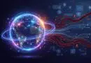 Glowing Earth surrounded by neon rings and blue data streams, with red threat lines arching outward.