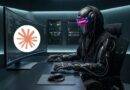 Hacker in a black armored suit at a server-room desk, typing on a keyboard with code on the monitor and a white circle containing an orange starburst logo.