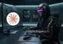 Hacker in a black armored suit at a server-room desk, typing on a keyboard with code on the monitor and a white circle containing an orange starburst logo.