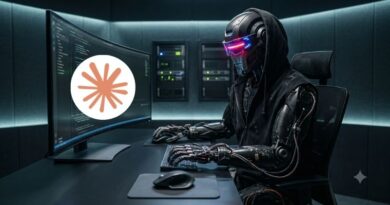 Hacker in a black armored suit at a server-room desk, typing on a keyboard with code on the monitor and a white circle containing an orange starburst logo.